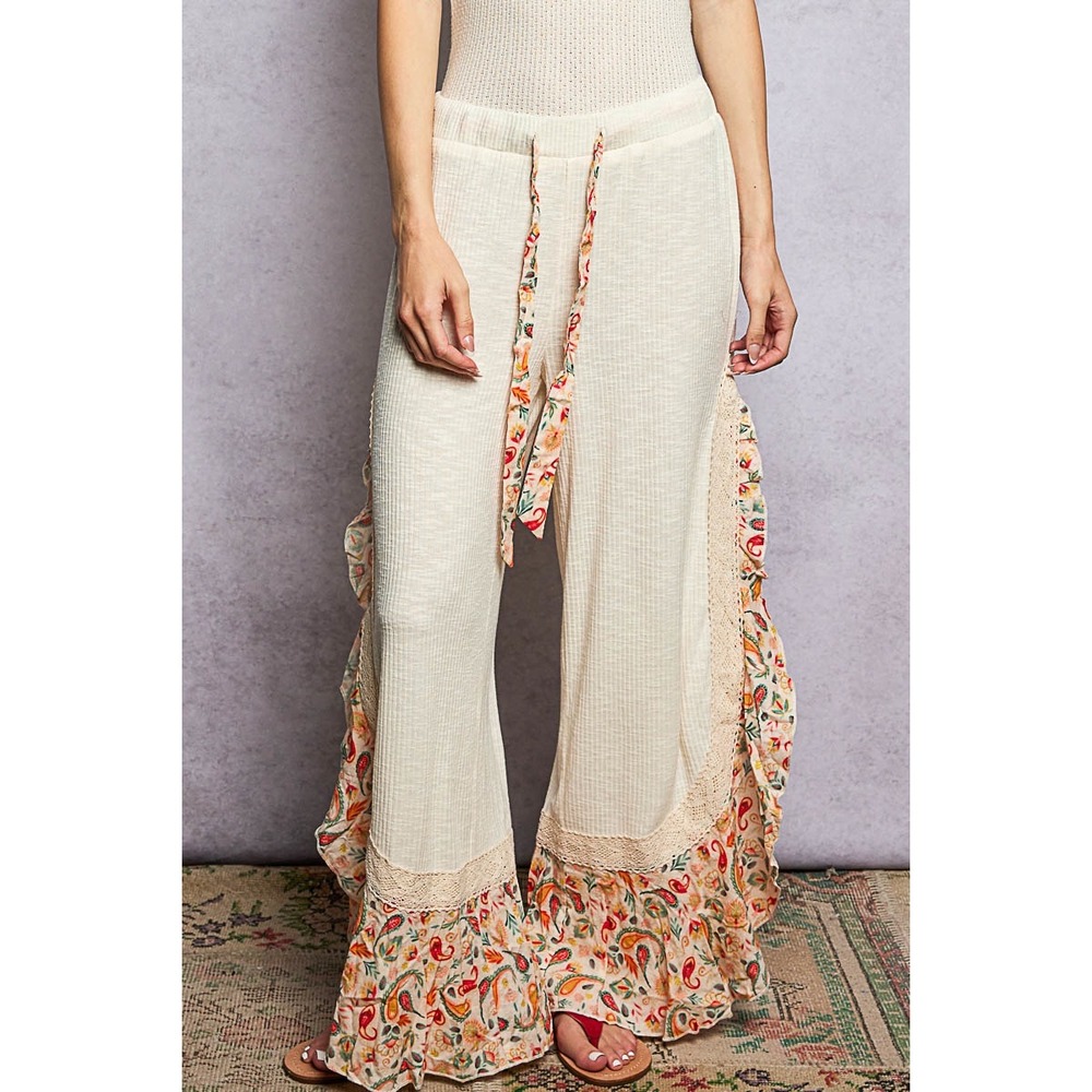 POL Boho Paisley Ruffle Wide Leg Pants Cream Lace Trim Festival Vacation SIZE‎ L - Picture 3 of 6